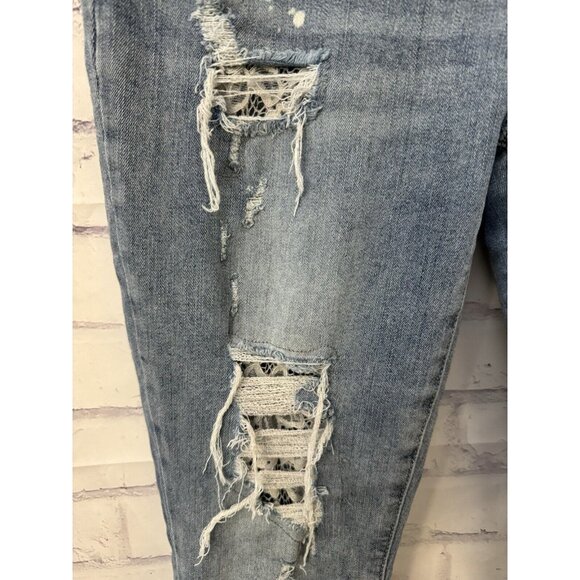 Judy Blue Size 13/31 Lace Patch Distressed Mid Rise Skinny Jeans Stretch - Picture 2 of 11